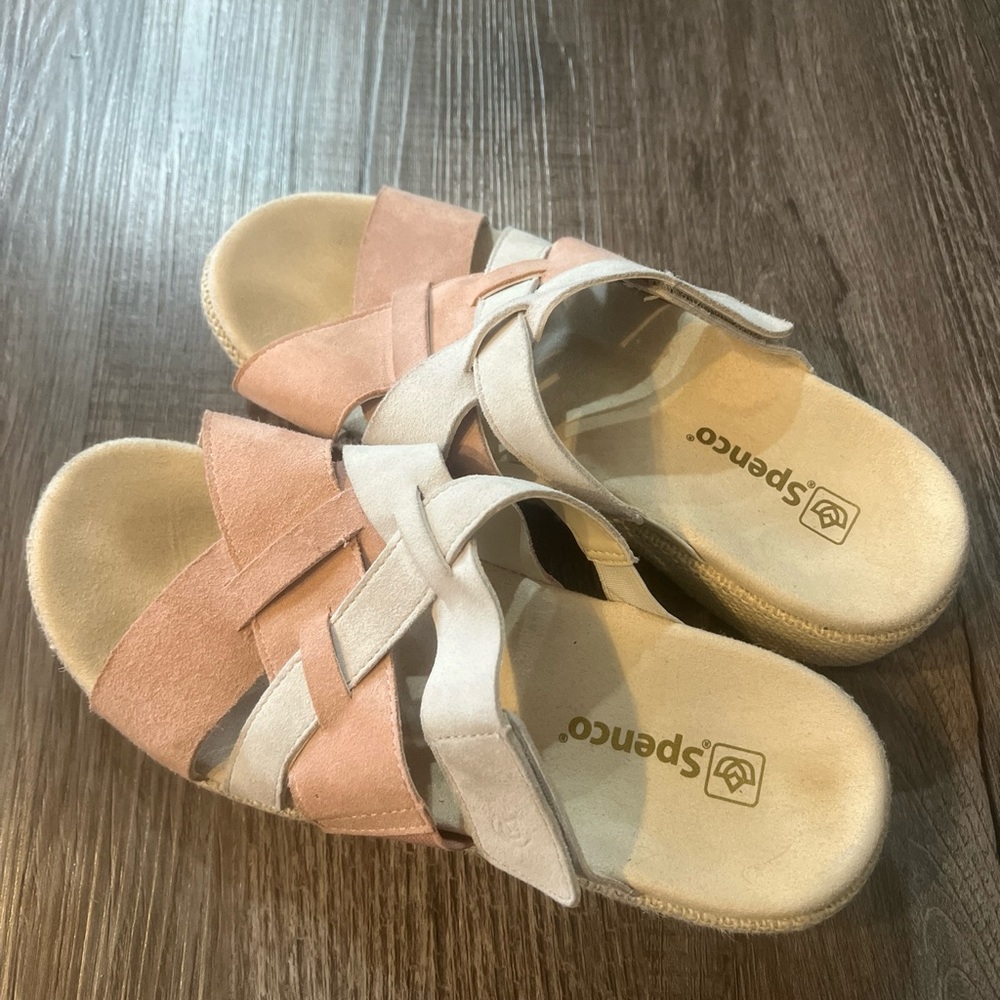 Spenco Womens Sandal Pink Beige Cross Leather Slide Low 2in Wedge 7.5 Wide
